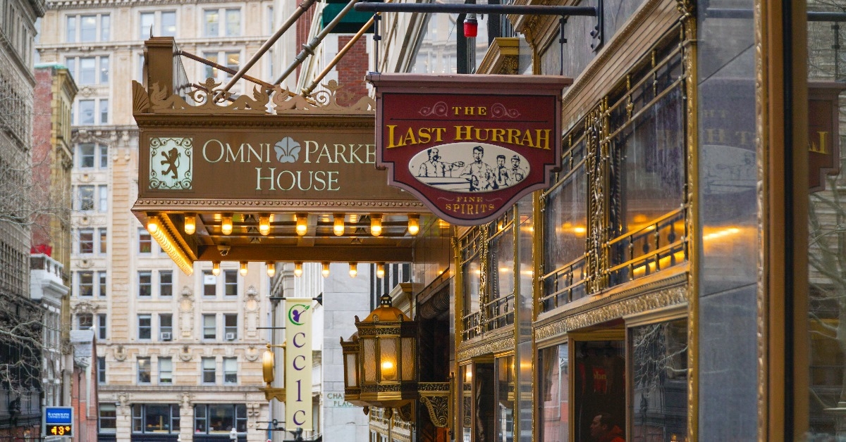 lively street with golden lights in front of omni parker house in boston massachusetts