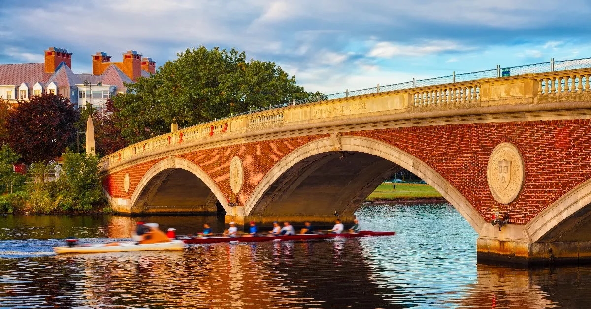 team rowing in water at harvard university 