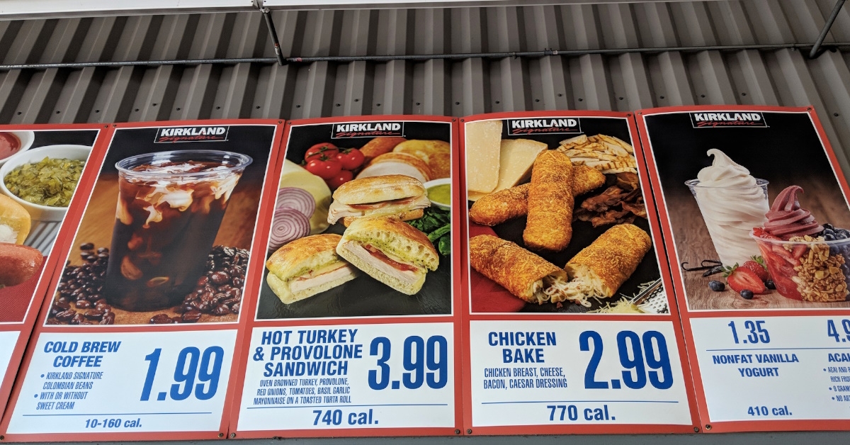 Costco food court in Kirkland menu displayed in detail.