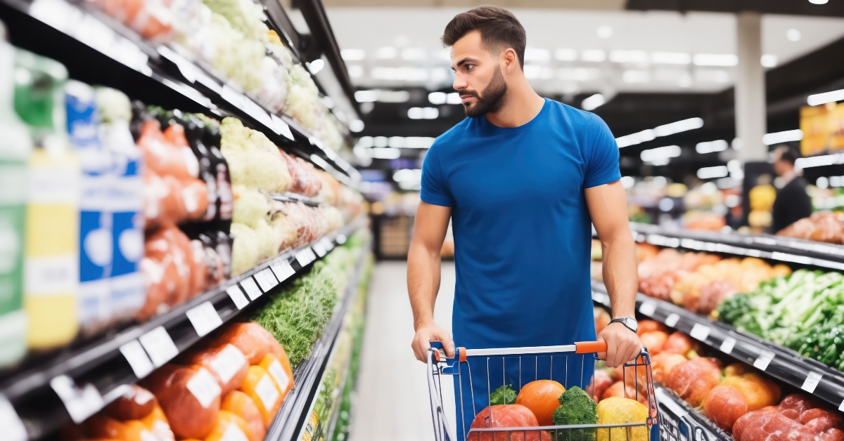 man shopping for groceries in a supermarket