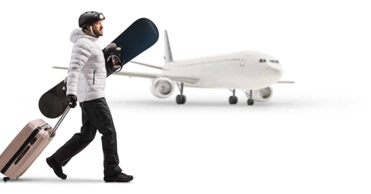 man on winter vacation at airport