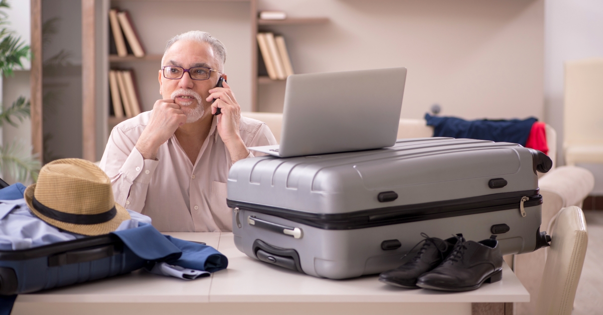 old man preparing for trip
