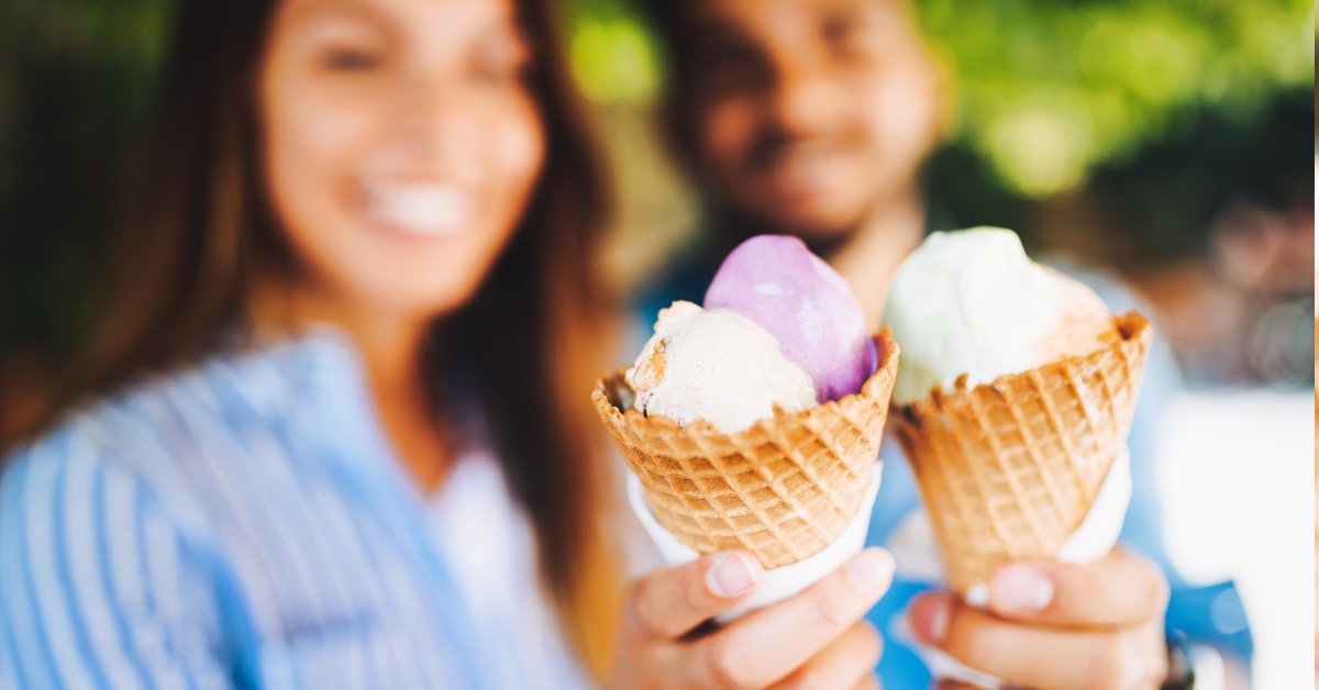 happy couple eating ice cream.