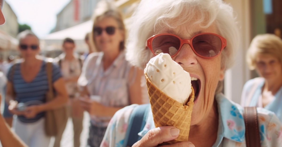 old woman eating ice cream in a crowdy street.