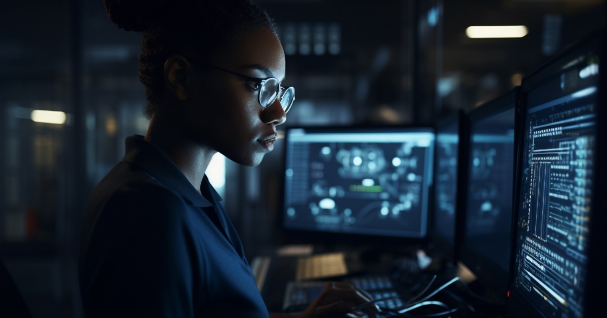 female developer working  in dark 