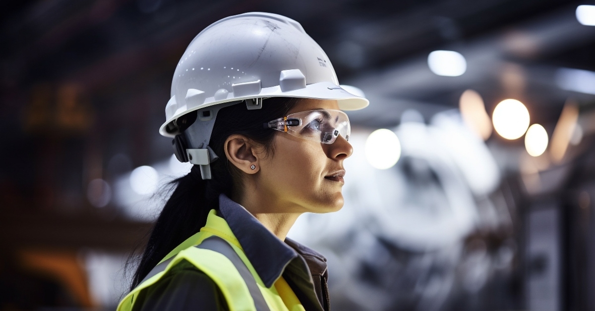  female engineer in protective hat 
