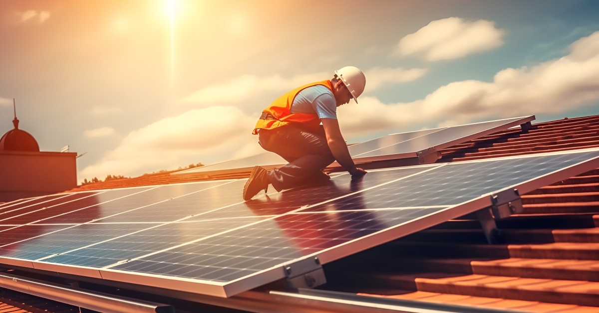 worker installing solar photovoltaic panels