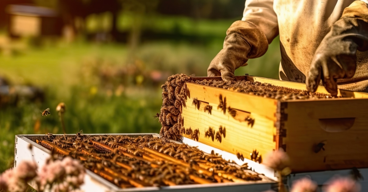beekeeper in protective gear harvesting honey