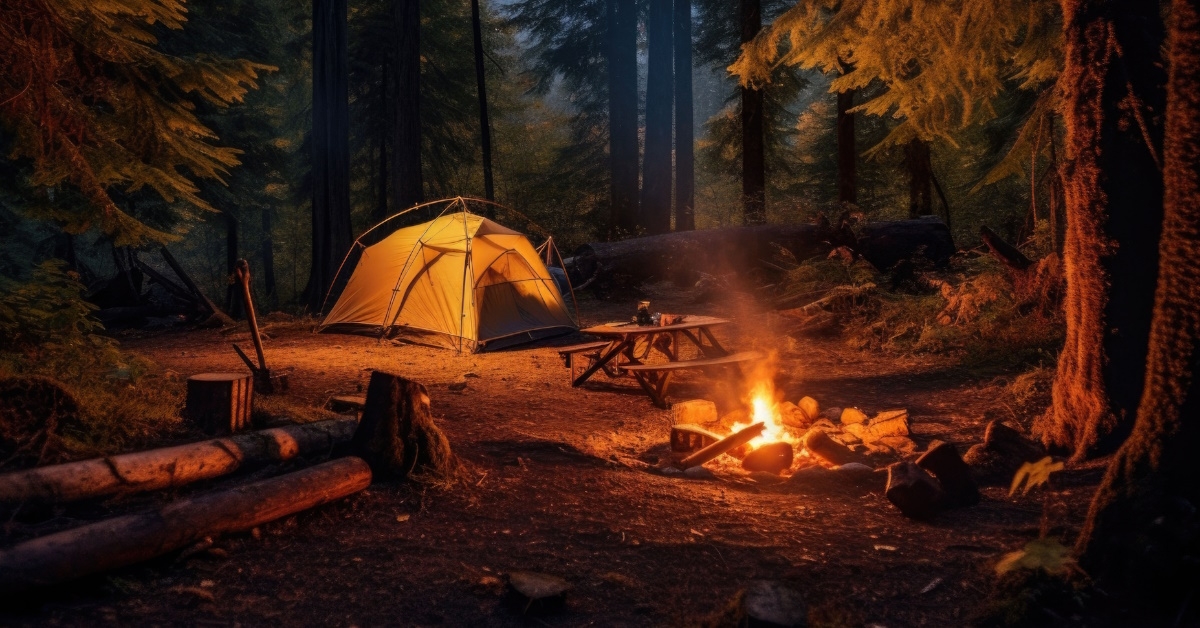 campsite along bonfire in forest