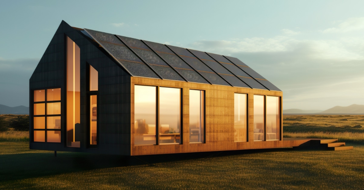 innovative house in field at sunset