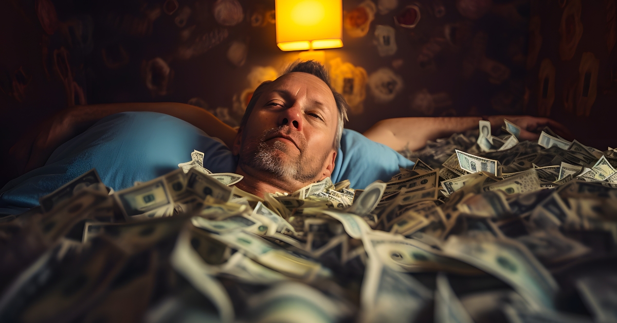 man sleeps with dollar banknotes