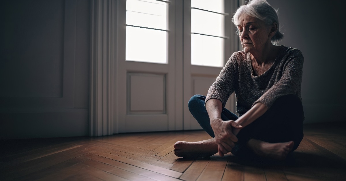 depressed senior woman sitting on floor
