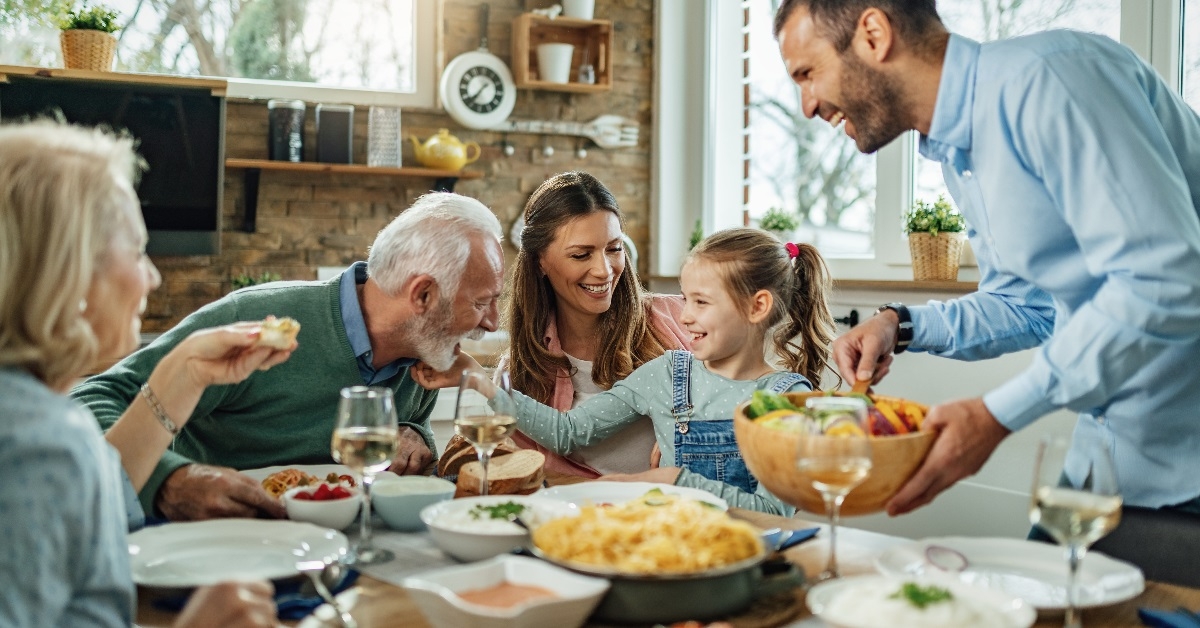 Extended family having a delightful lunch together.