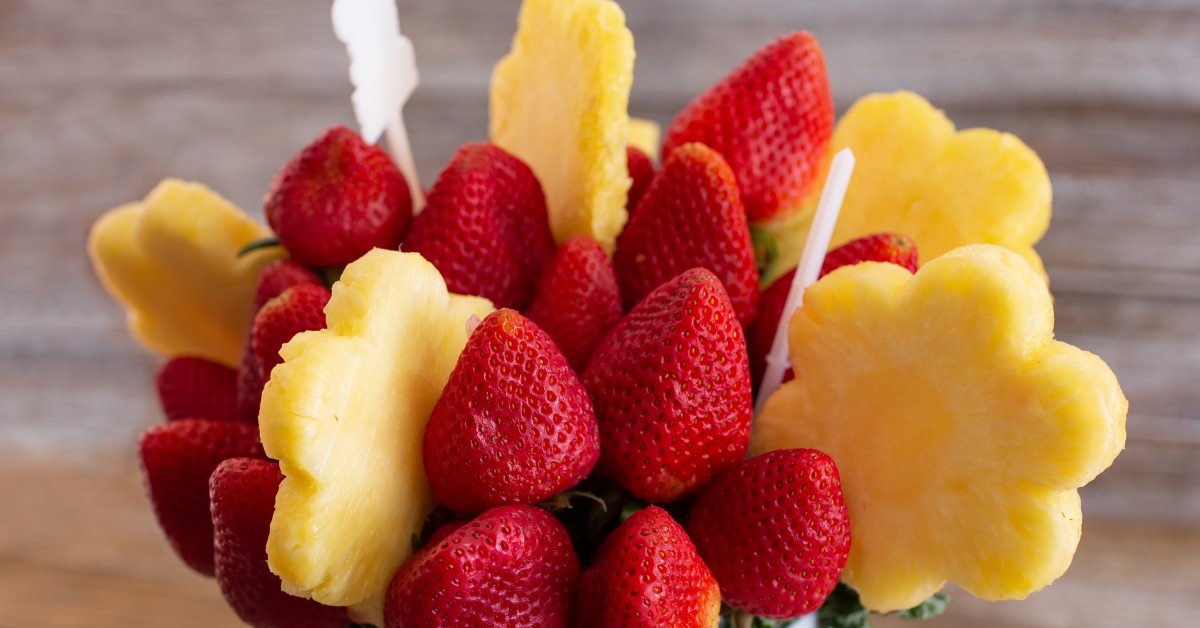 fruit bouquet containing strawberries and pineapple