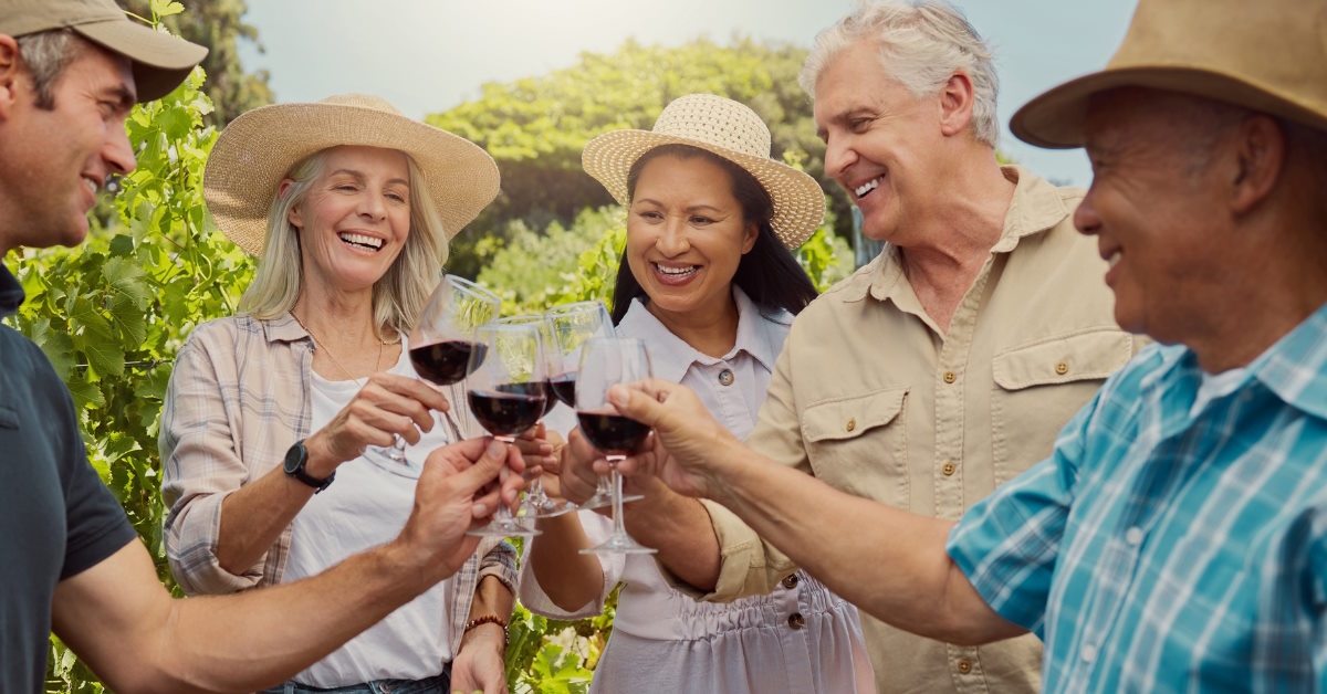 Senior friends toasting wine glasses outdoors