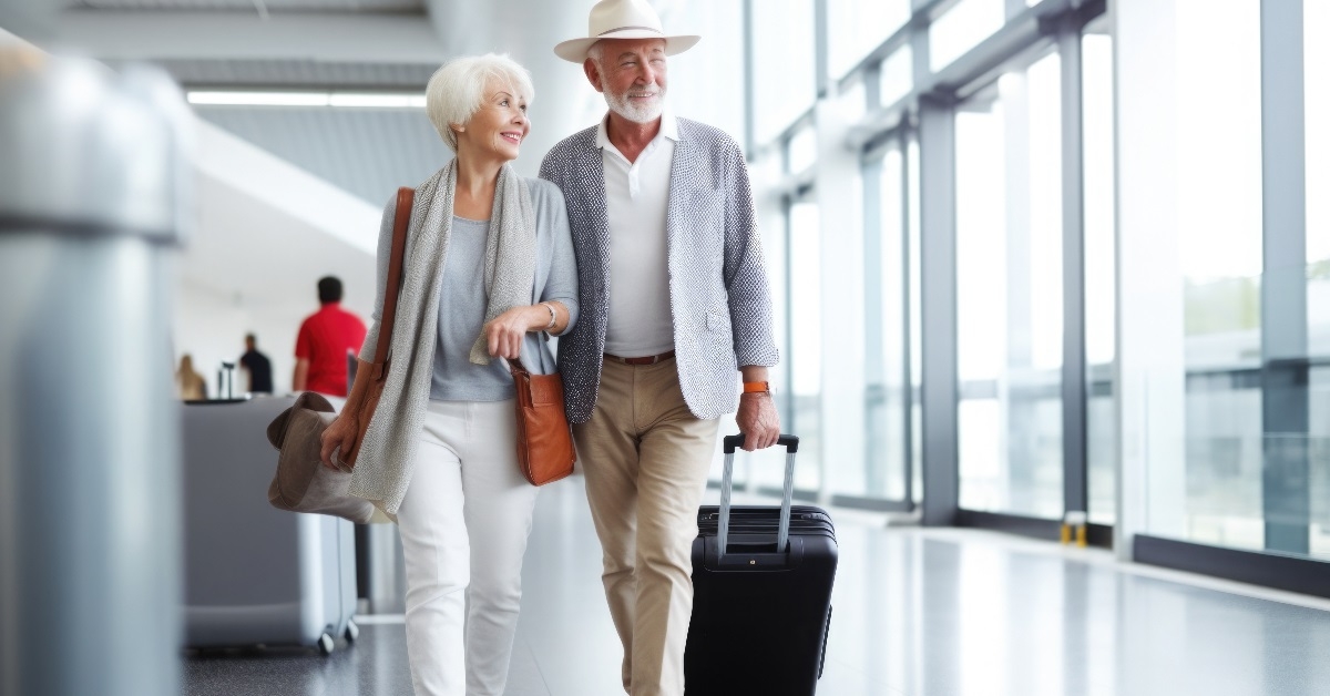 elderly couple in airport terminal