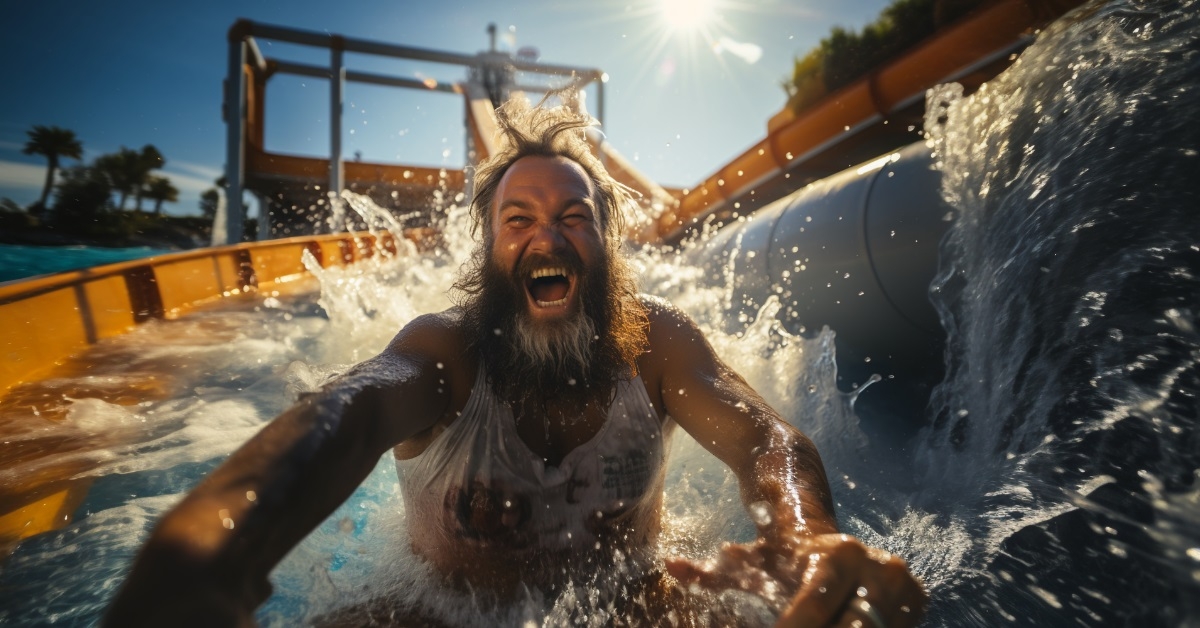 senior man enjoying water slide