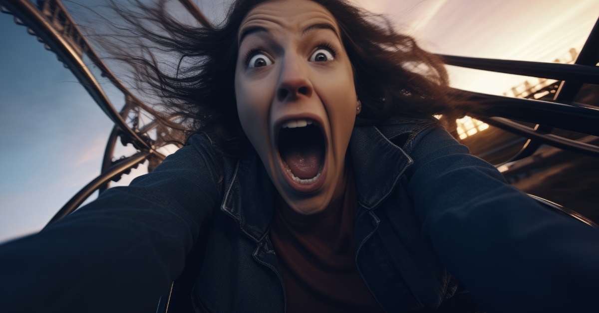 woman frightened on roller coaster