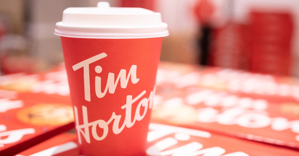 Closeup of Tim Hortons coffee cup. 