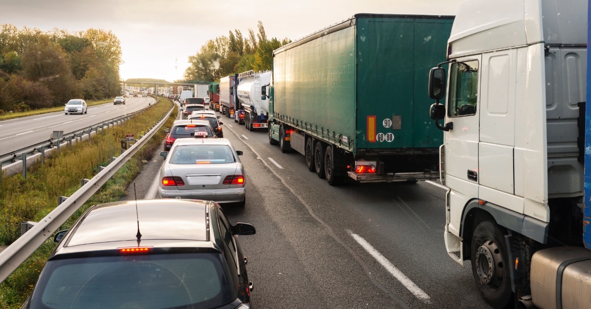 trucks waiting in traffic jam