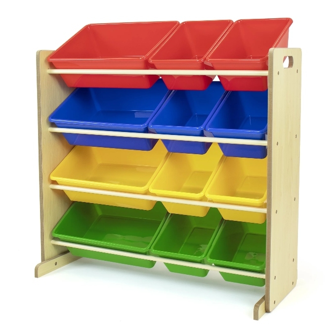 wood and plastic toy storage racks