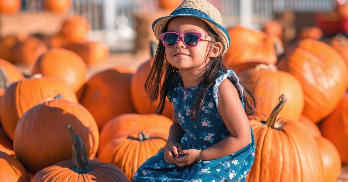 little girl in pumpkin patch