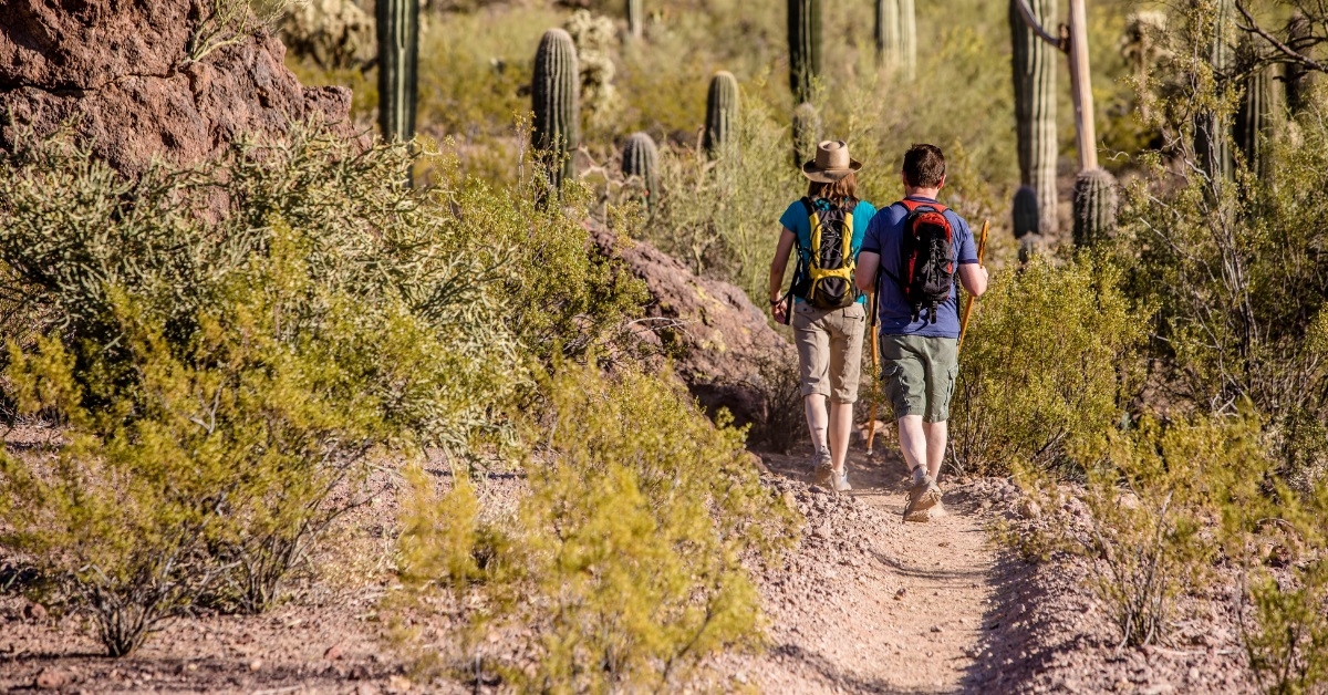 couple hiking on trail in woods