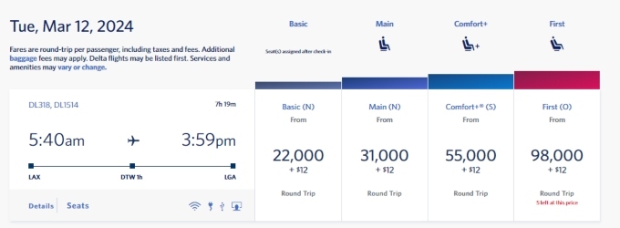 Screenshot from Delta website