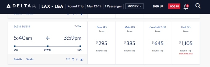 Screenshot from the Delta website