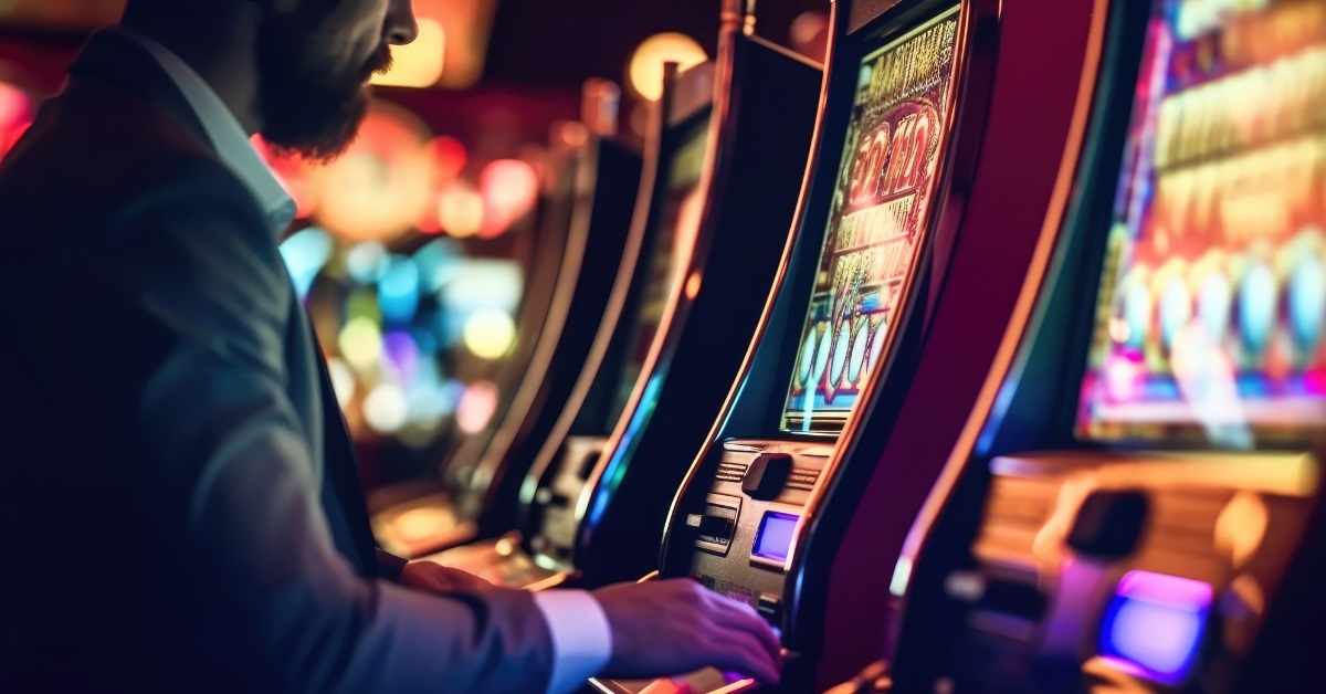 businessman playing slot machine in casino