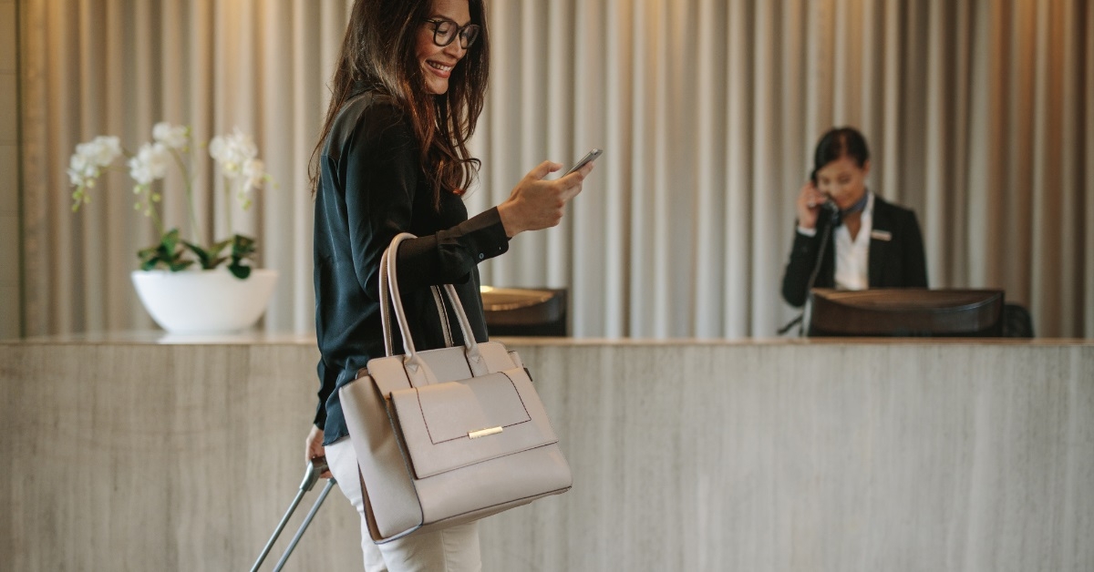 businesswoman in hotel lobby