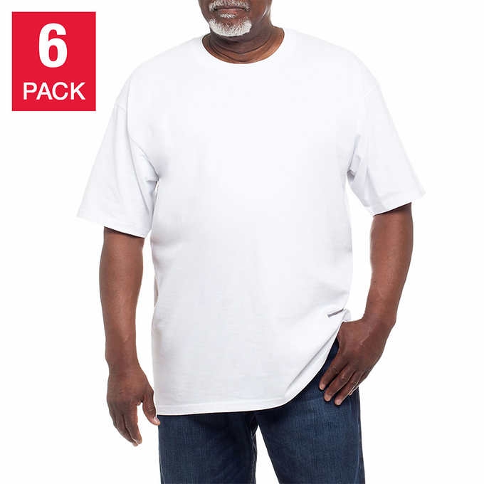 black men wearing white crew neck tee from Kirkland Costco