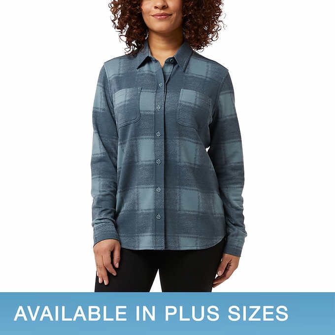 Women wearing blue plaid shirt from Costco