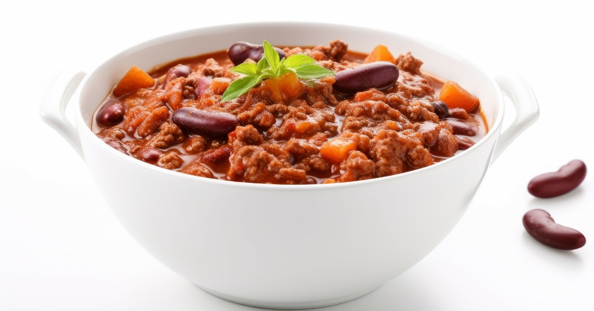chili con carne in white bowl