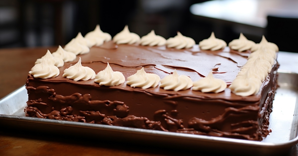 chocolate sheet cake with whipped cream