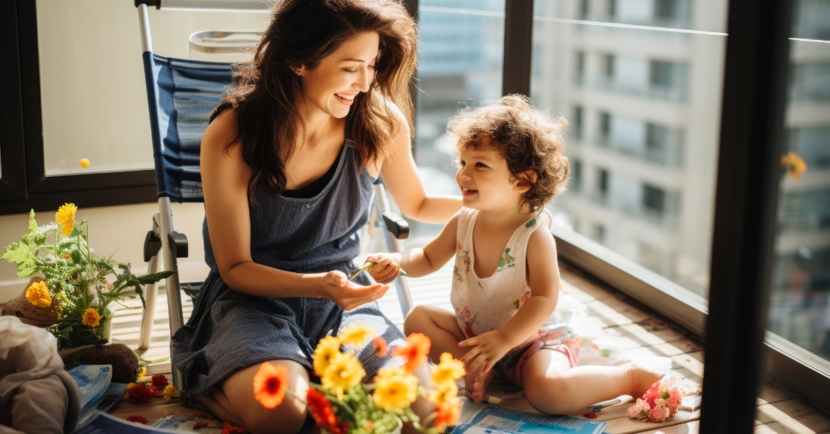 mother and child in apartment balcony