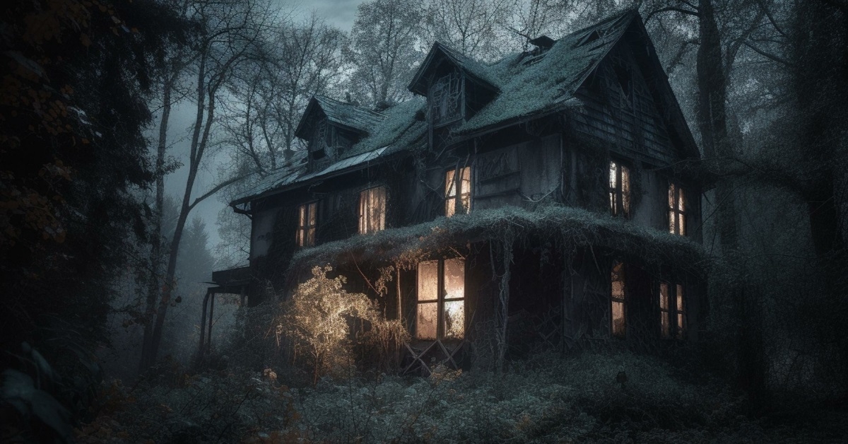 abandoned house in spooky forest