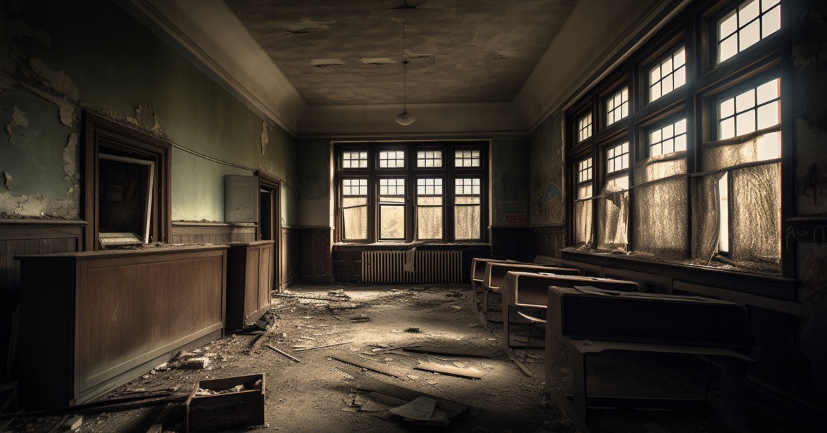 abandoned school with broken desks