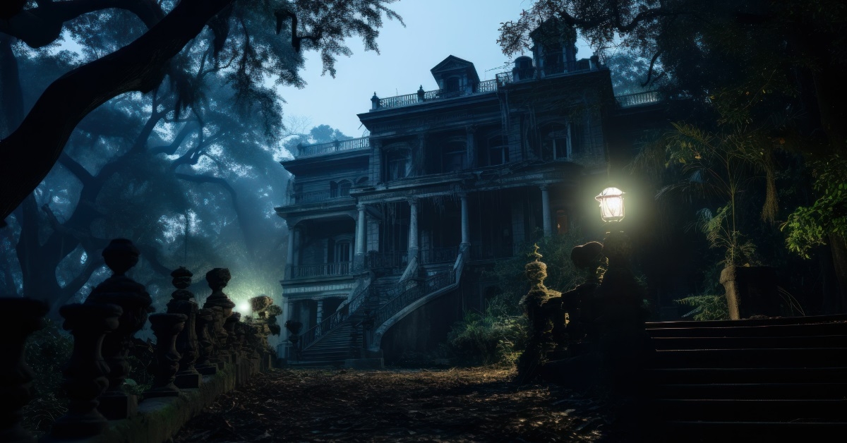 creepy halloween haunted mansion at night