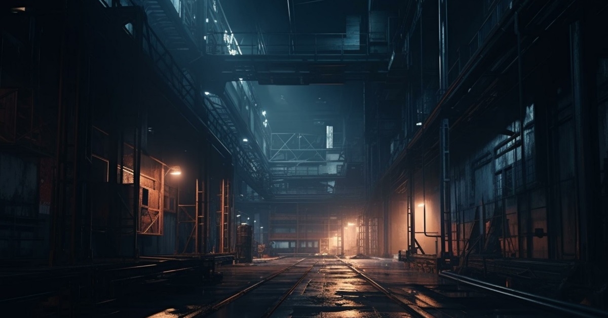 dark factory warehouse alley at night