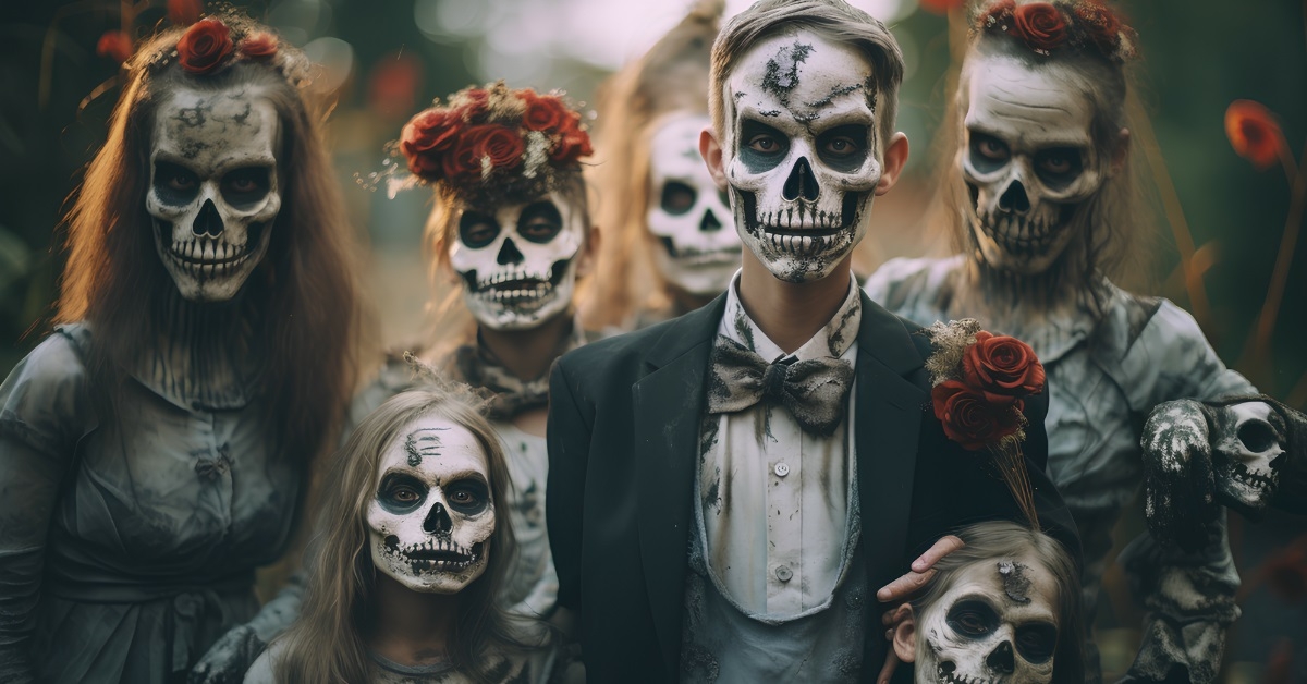 family in skeleton costumes at halloween