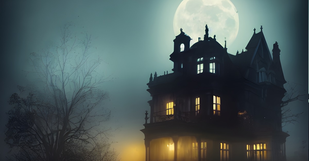 full moon shining over haunted house