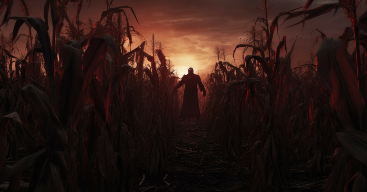 haunted cornfield with figure at dusk