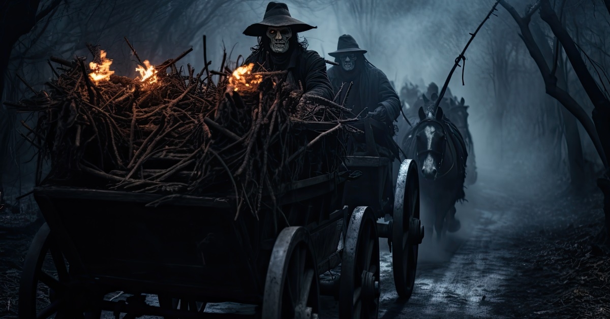 haunted hayride through dark mysterious forest