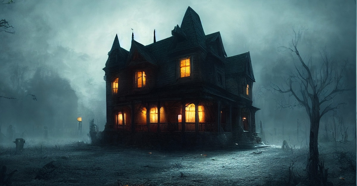 haunted house in woods at night