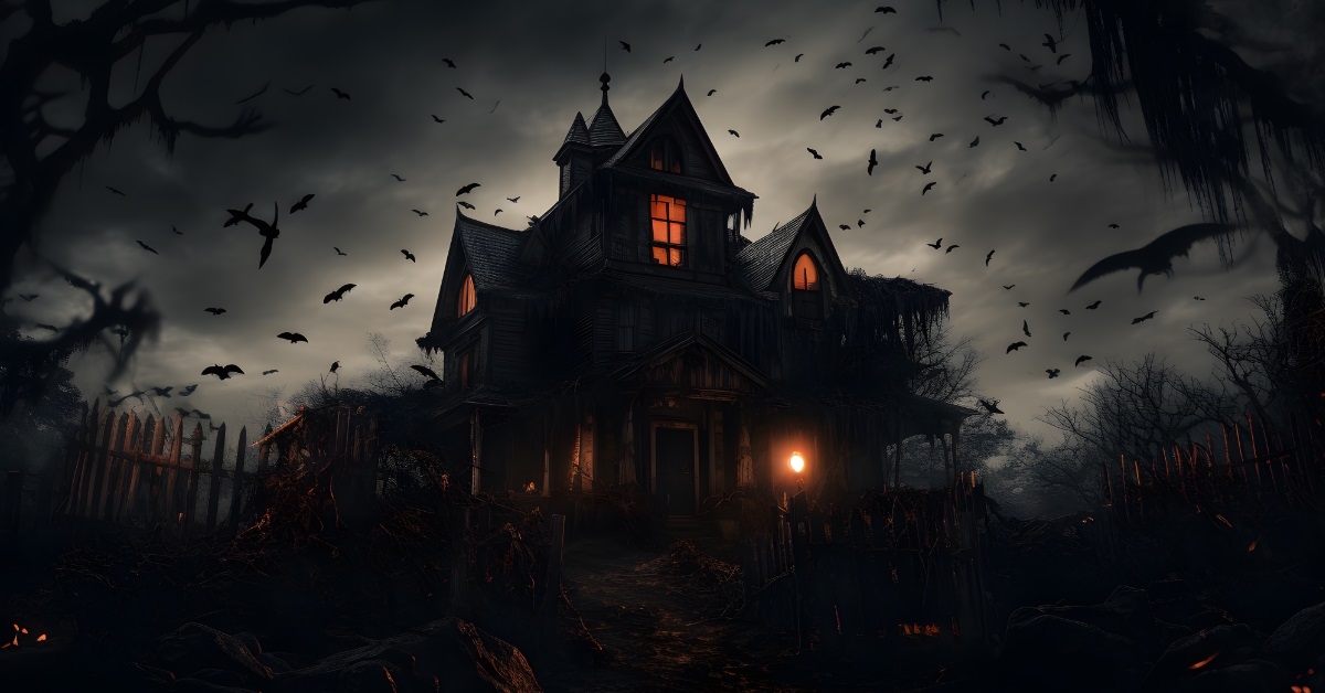 haunted house with bats and spiders