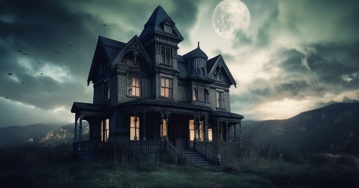 haunted house with spooky sky