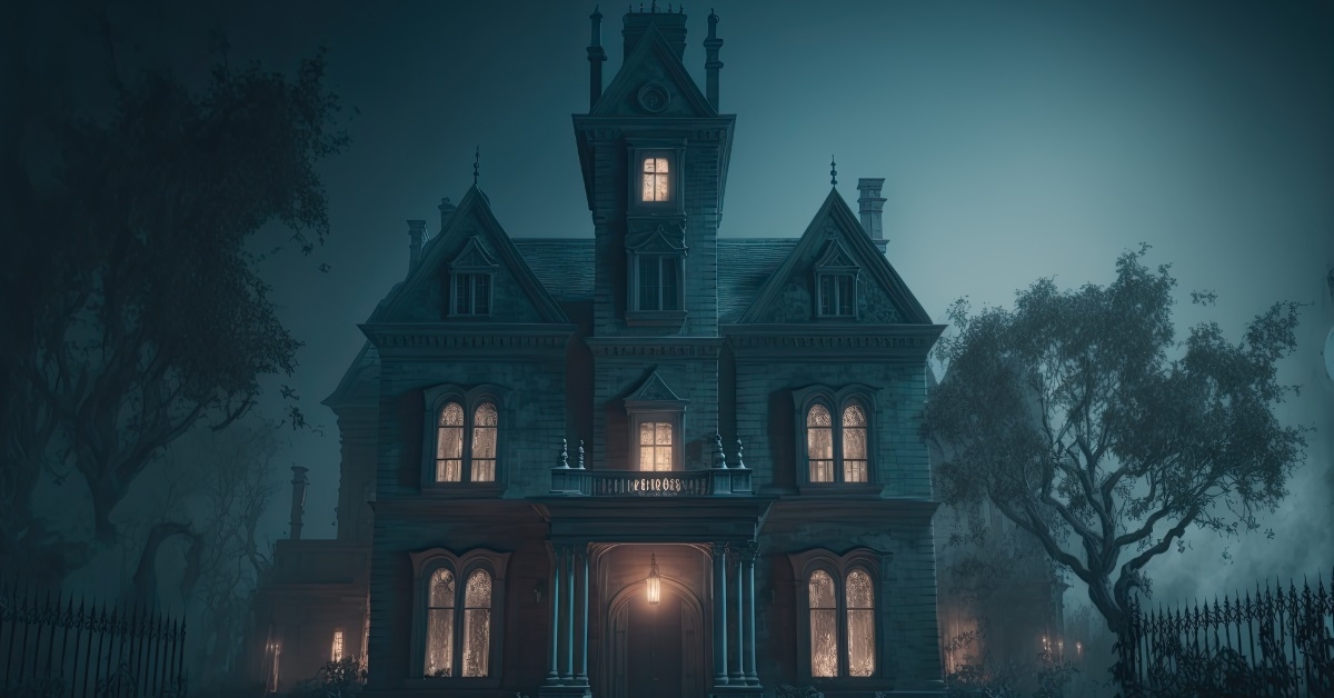 haunted mansion at night from outside