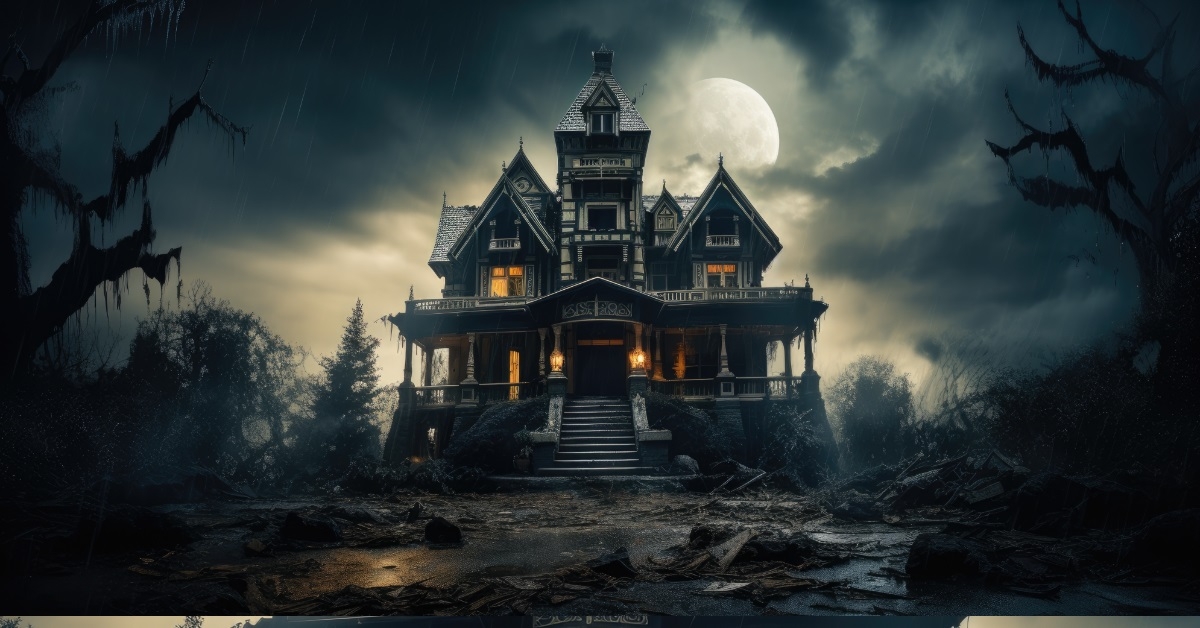 haunted mansion under foggy sky