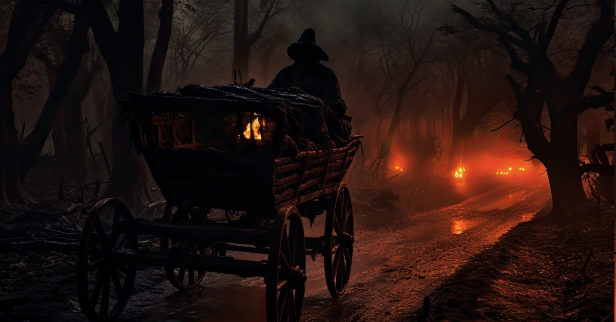 hayride passing through dark creepy forest